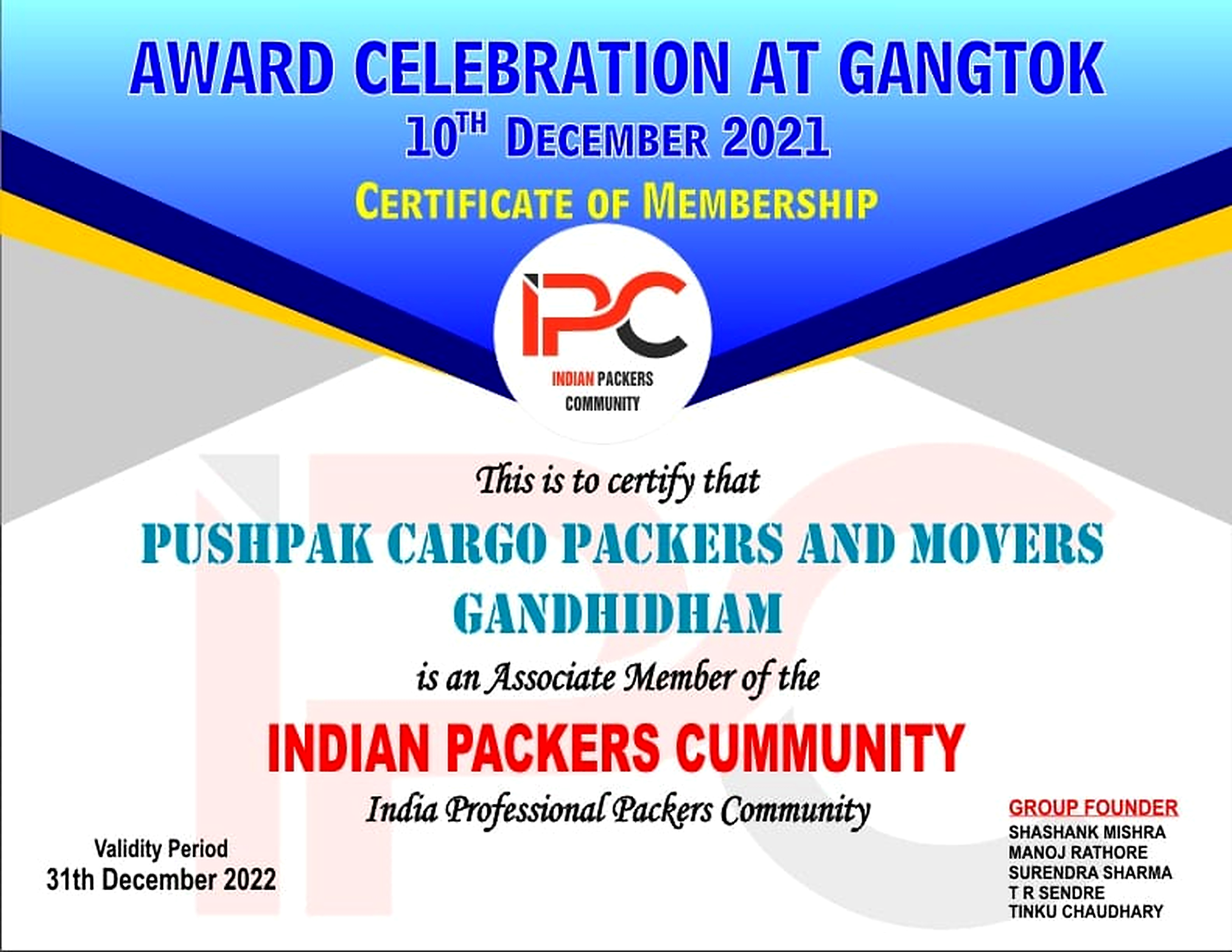 Official Certificate of Recognition Awarded to Pushpak Cargo